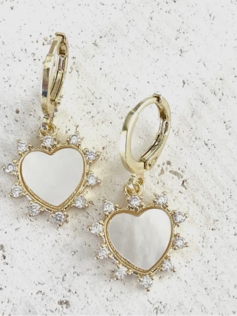 Gold Filled Heart Drop Earrings with White Mother-of-Pearl and Crystal Accents